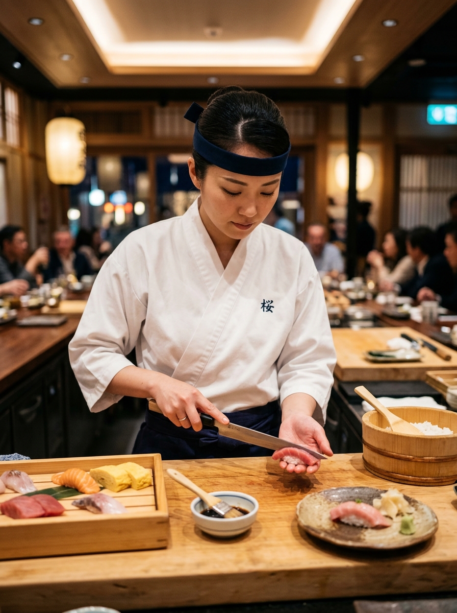 Master Chef Haruto Nakamura preparing sushi with precision and care