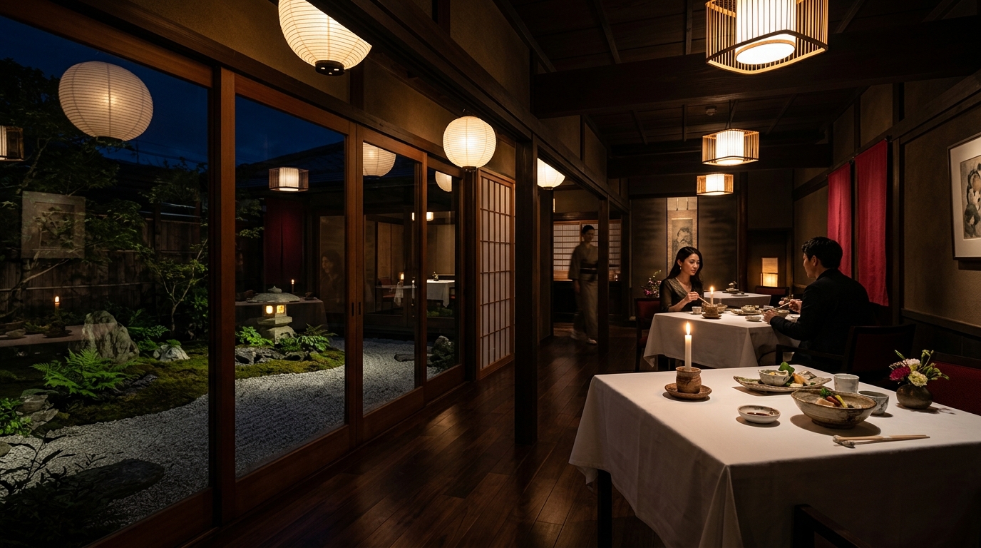 Elegant main dining room with warm lantern lighting