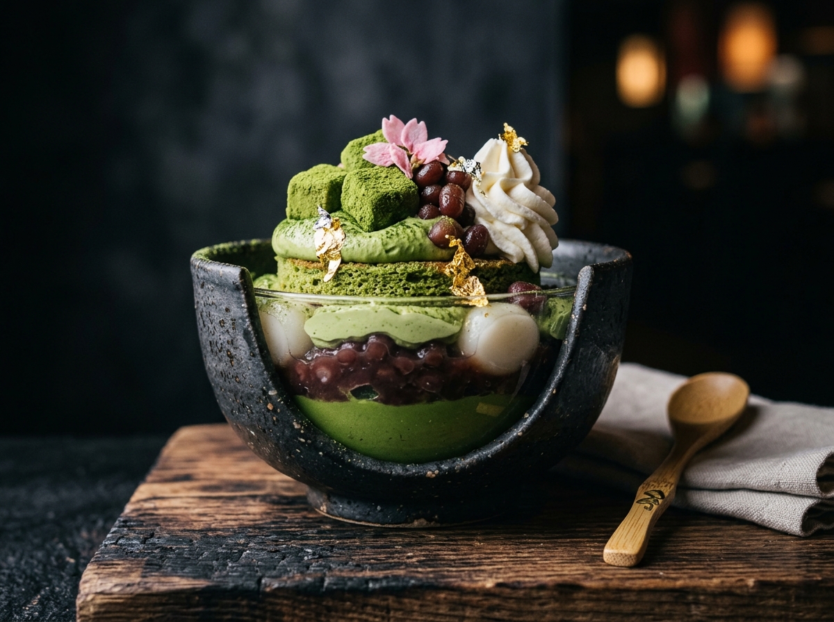 Matcha parfait with red bean and mochi