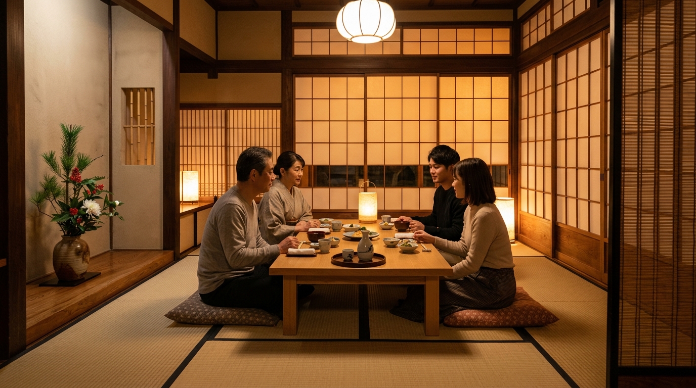 Intimate tatami dining room with paper lanterns
